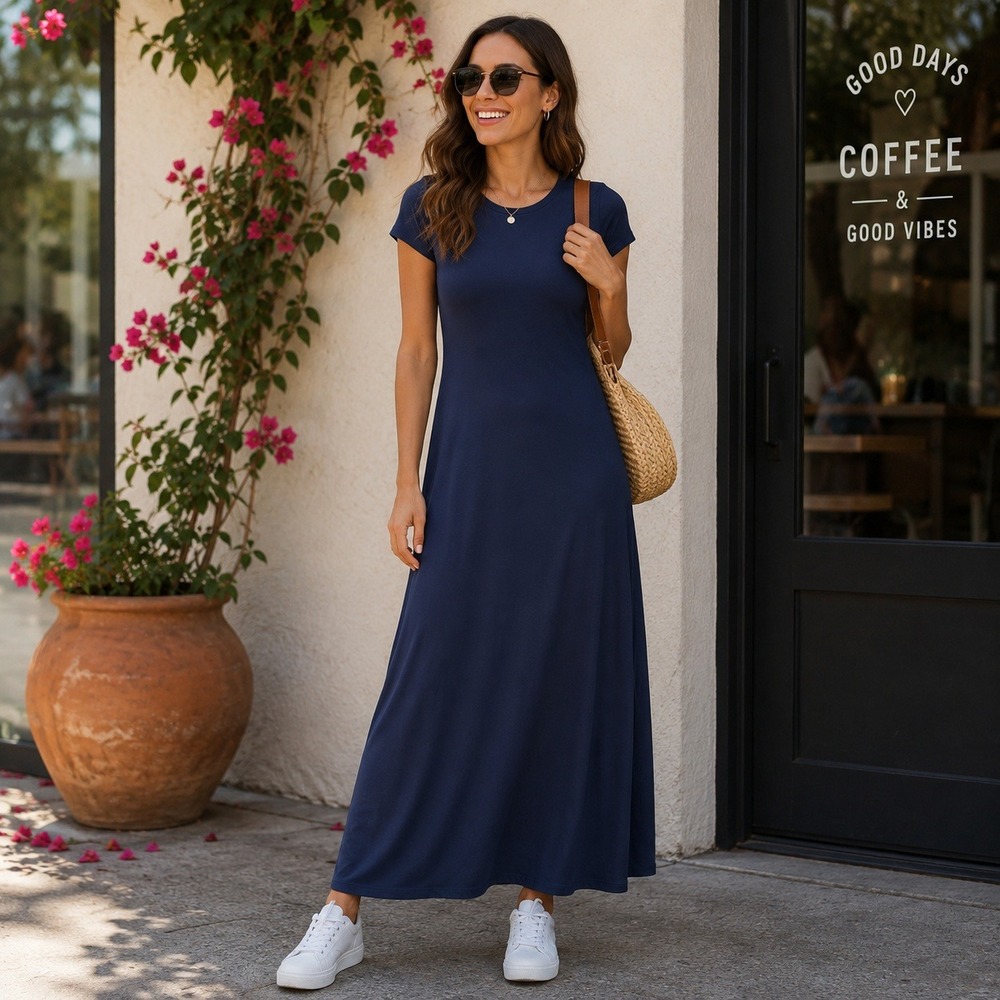 Mossimo Supply Co Navy Blue Short Sleeve Maxi Dress Scoop Neck Jersey Knit Small